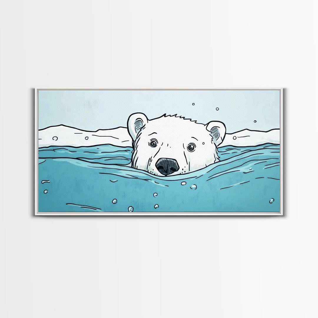 Polar Bear Swimming In Icy Water Wall Art, Arctic Animal Print, Nursery Wall Art, Kids Room Decor, Coastal Canvas Print Gift