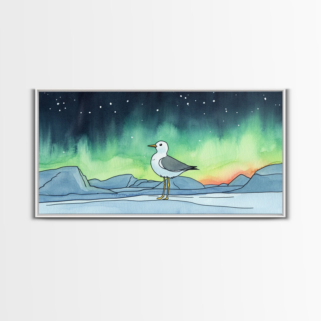 Arctic Seagull Under Aurora Sky Wall Art, Northern Lights Print, Coastal Bird Decor, Nature Wall Art, Framed Canvas Print
