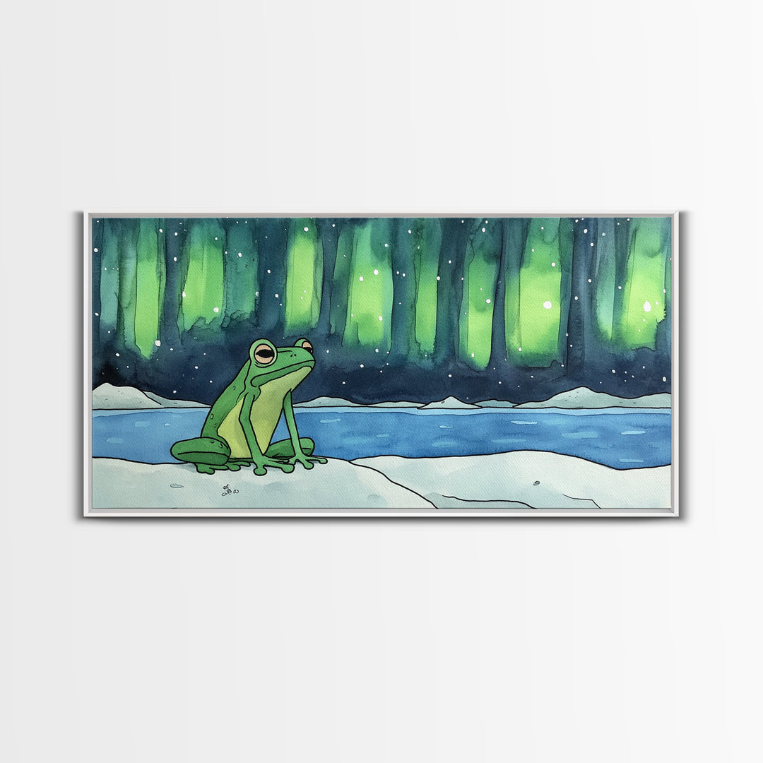 Green Frog Under Northern Lights Wall Art, Whimsical Animal Art Print, Aurora Borealis Nursery Decor, Kids Room Housewarming Gift