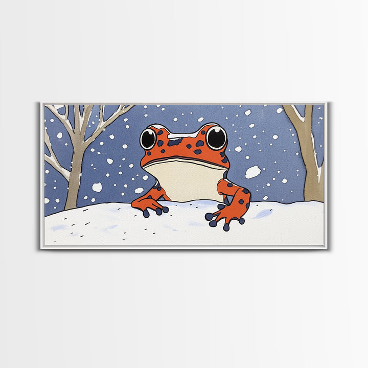 Orange Spotted Frog In Snowy Forest Wall Art, Whimsical Animal Print, Winter Nursery Decor, Cute Kids Room Canvas Art Housewarming Gift