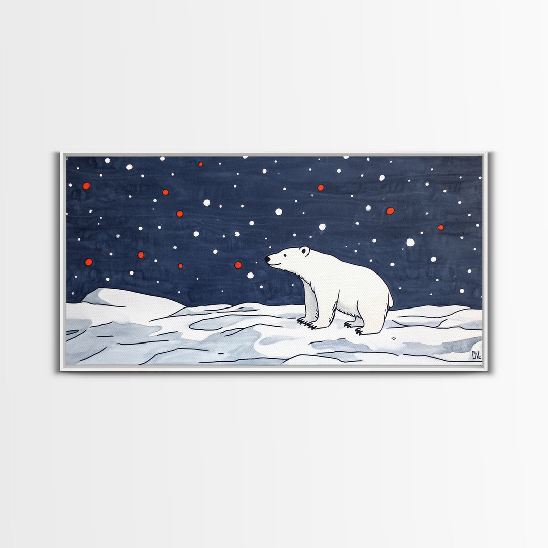 Minimal Polar Bear Snow Scene Wall Art, Arctic Wildlife Illustration, Kids Room Decor, Modern Nursery Canvas Print Gift Idea