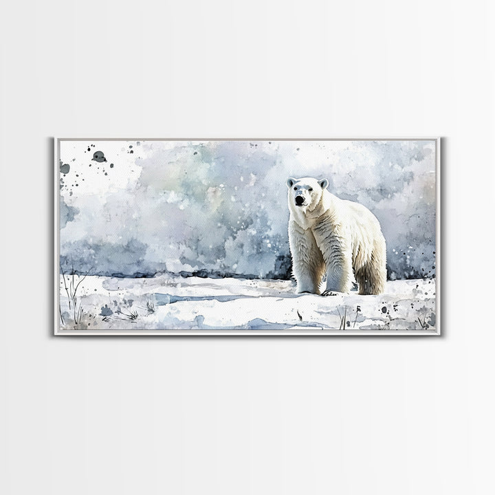 Standing Polar Bear In Snowy Tundra Wall Art, Watercolor Wildlife Print, Arctic Animal Decor, Large Canvas Housewarming Gift