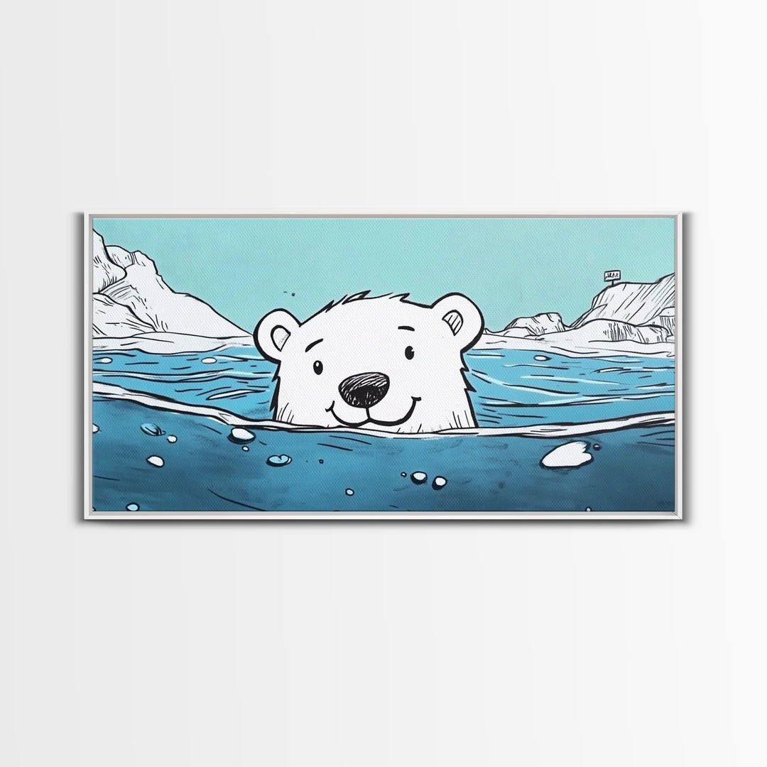 Smiling Polar Bear Swimming In Icy Sea Wall Art, Playful Arctic Animal Print, Ocean Nursery Decor, Kids Room Canvas Gift