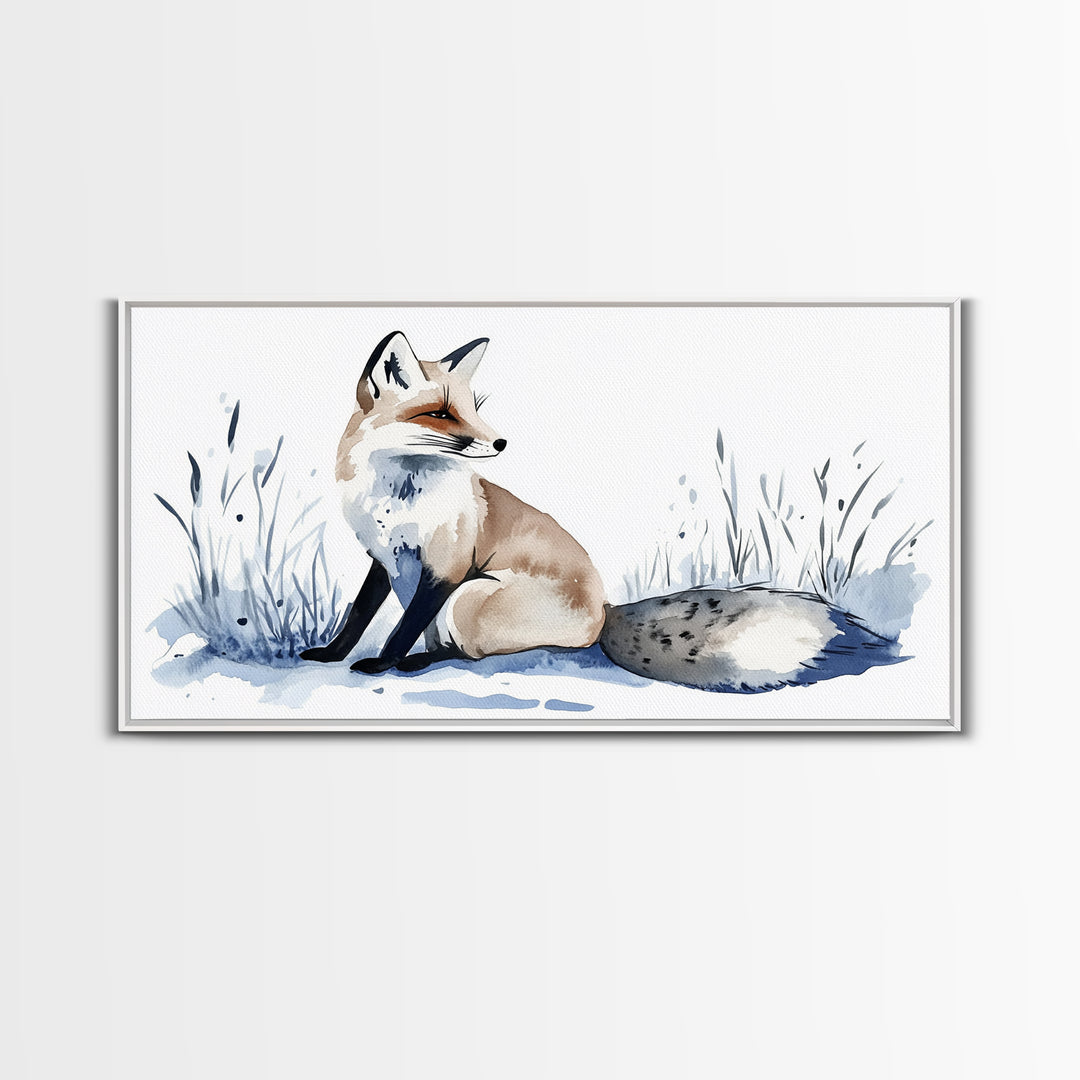 Sitting Fox In Frosted Grass Wall Art, Minimal Watercolor Wildlife Canvas Print, Neutral Nursery Decor, Animal Lover Gift