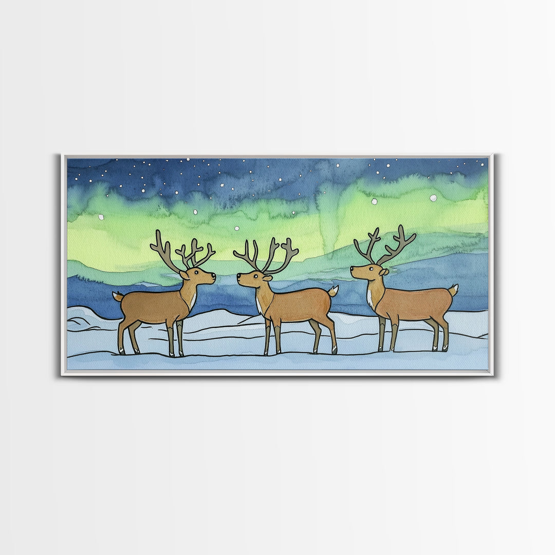 Three Reindeer Under Northern Lights Wall Art, Aurora Winter Landscape Print, Rustic Wildlife Decor, Cabin Christmas Gift