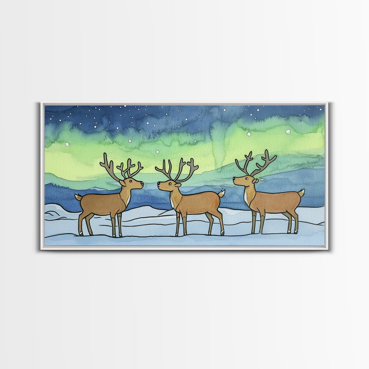 Three Reindeer Under Northern Lights Wall Art, Aurora Winter Landscape Print, Rustic Wildlife Decor, Cabin Christmas Gift