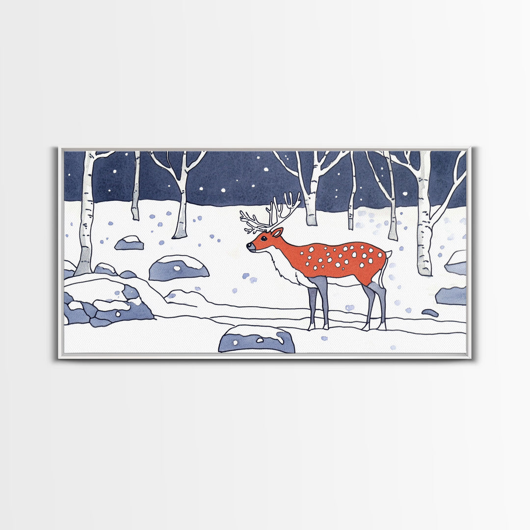 Red Deer In Snowy Birch Forest Canvas Print, Winter Wildlife Wall Art, Woodland Nursery Decor, Rustic Cabin Home Decor Gift