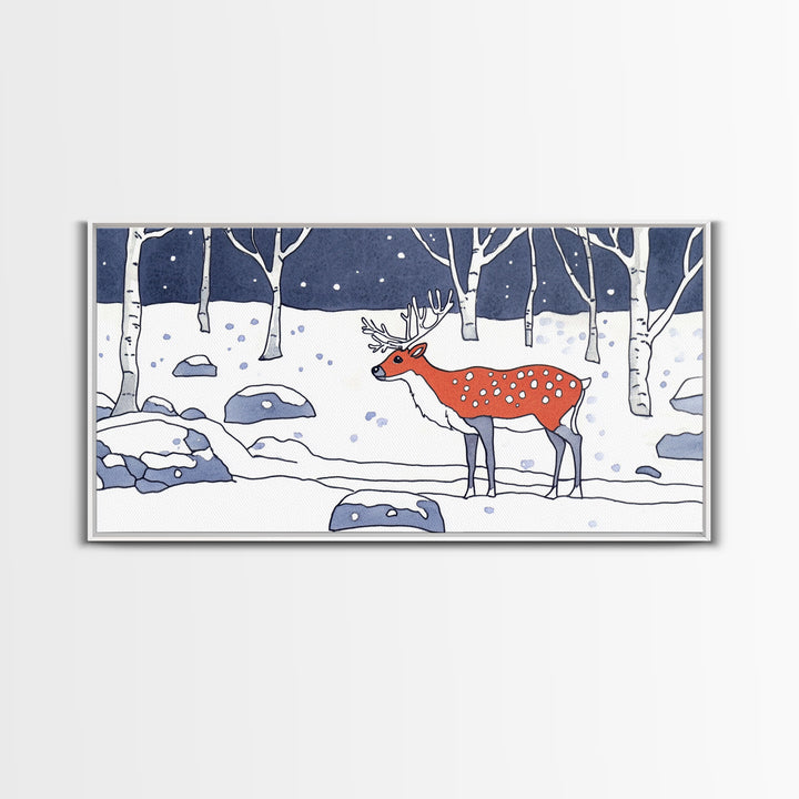 Red Deer In Snowy Birch Forest Canvas Print, Winter Wildlife Wall Art, Woodland Nursery Decor, Rustic Cabin Home Decor Gift