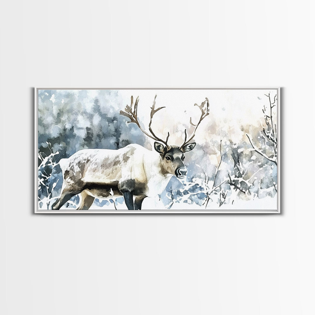 Majestic Caribou In Frosted Woods Framed Canvas Print, Winter Wildlife Wall Art, Rustic Cabin Decor, Nature Lover Art Gift