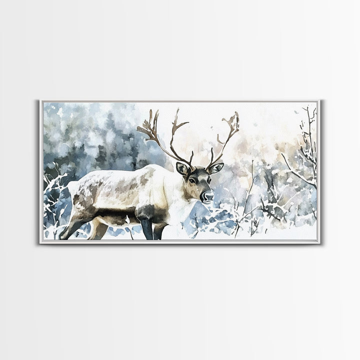 Majestic Caribou In Frosted Woods Framed Canvas Print, Winter Wildlife Wall Art, Rustic Cabin Decor, Nature Lover Art Gift