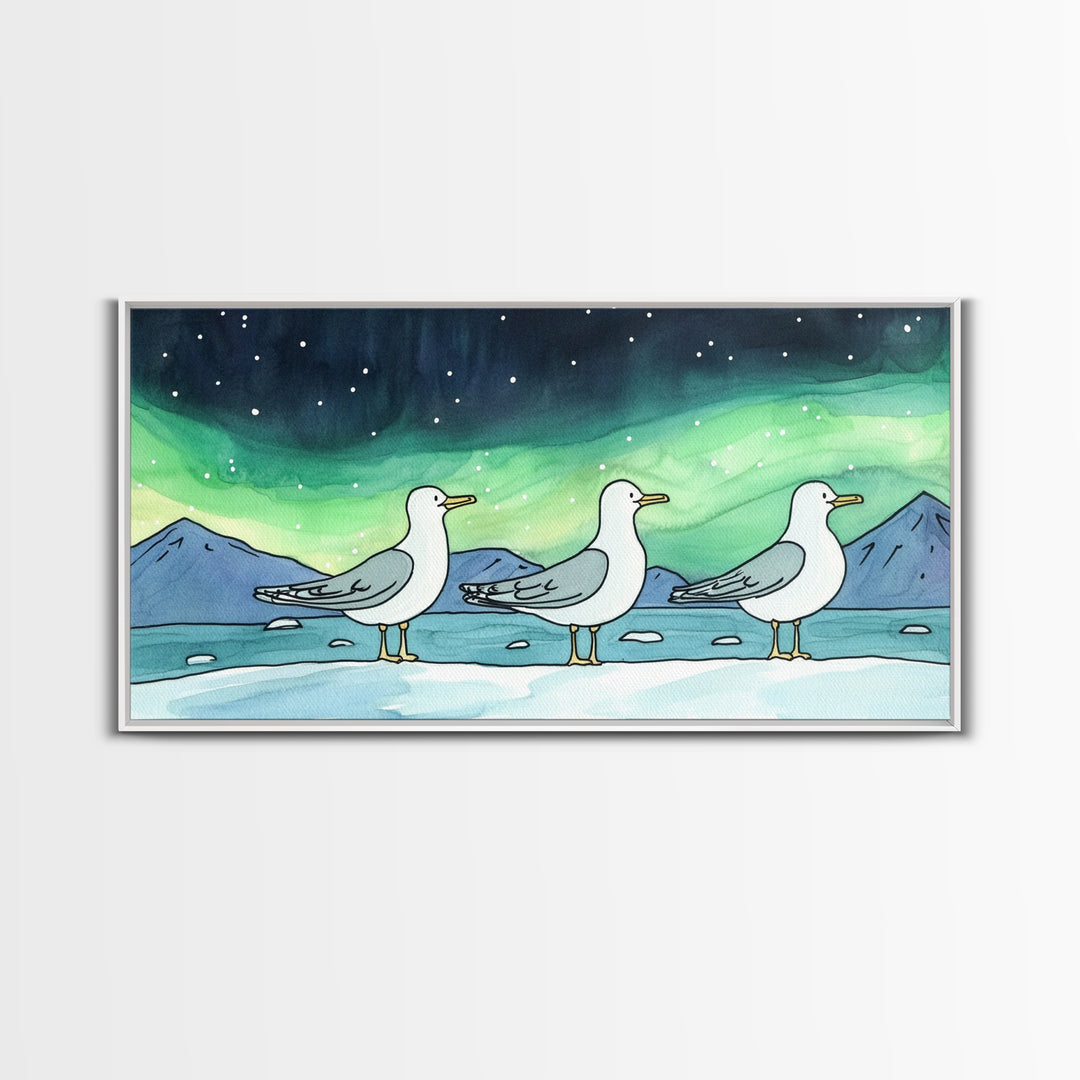 Three Seagulls Under Aurora Sky Wall Art, Winter Coastal Bird Canvas Print, Nautical Ocean Decor, Beach House Christmas Gift