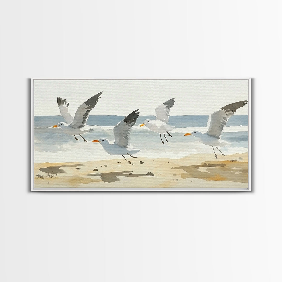 Flying Seagulls Over Sandy Watercolor Beach Wall Art, Coastal Ocean Canvas Print, Nautical Seascape Decor, Beach House Gift