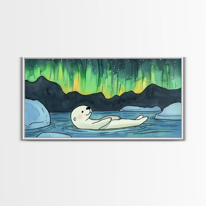 Polar Bear Floating Beneath Aurora Canvas Print, Arctic Wildlife Wall Art, Northern Lights Decor, Kids Room Animal Gift Print