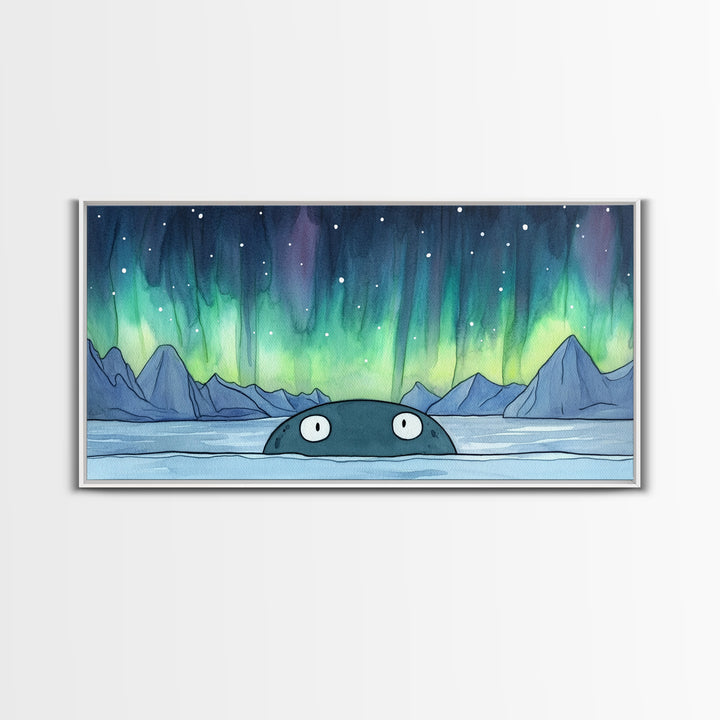 Whimsical Whale Peeking At Aurora Canvas Print, Northern Lights Wall Art, Arctic Ocean Decor, Kids Room Animal Gift For Nursery