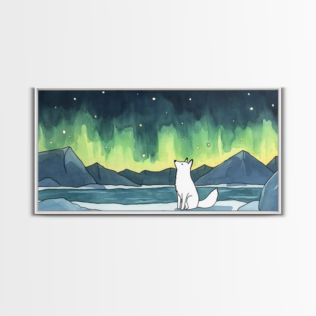 White Arctic Fox Watching Aurora Canvas Print, Northern Lights Wall Art, Winter Landscape Decor, Nature Lover Gift For Her