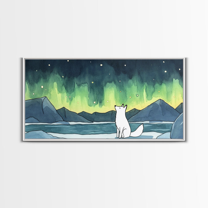 White Arctic Fox Watching Aurora Canvas Print, Northern Lights Wall Art, Winter Landscape Decor, Nature Lover Gift For Her
