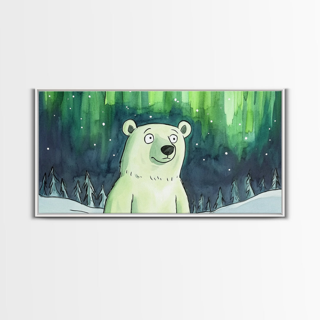 Polar Bear Under Northern Lights Canvas Print, Whimsical Winter Wall Art, Kids Room Decor, Nursery Animal Art Gift For Baby Bedroom