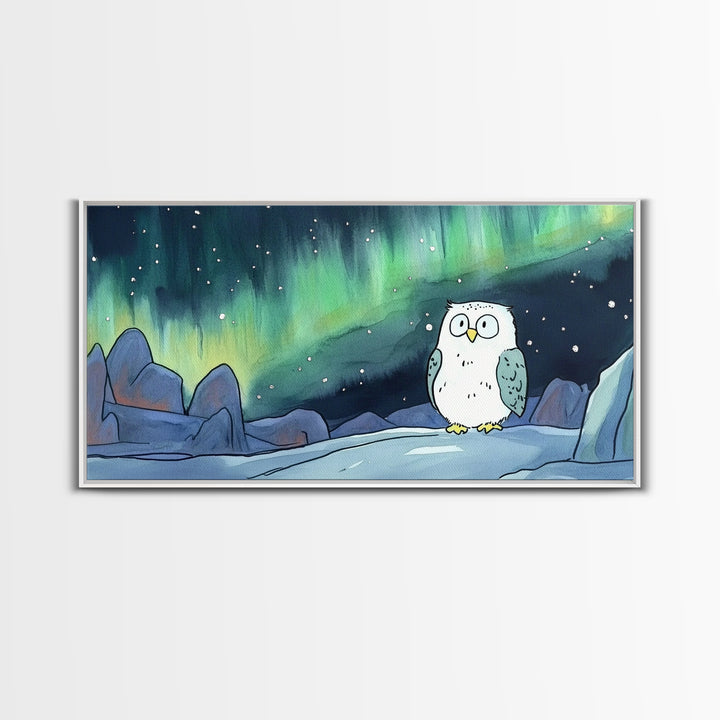 Snowy Owl Beneath Aurora Mountains Canvas Print, Northern Lights Wall Art, Whimsical Animal Art, Kids Room Decor Gift For Her