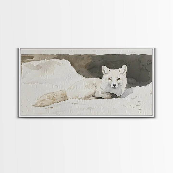 White Arctic Fox In Snow Canvas Print, Neutral Winter Wildlife Wall Art, Nursery Animal Art, Scandinavian Bedroom Decor Gift