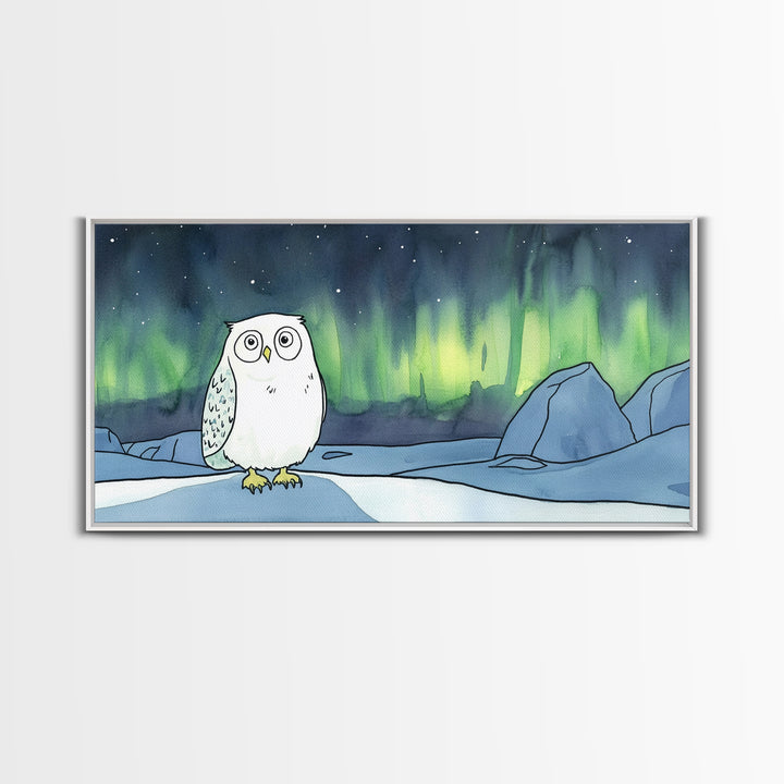 Wide Eyed Snowy Owl Aurora Canvas Print, Northern Lights Wall Art, Whimsical Animal Art, Kids Room Decor Gift For Baby Bedroom