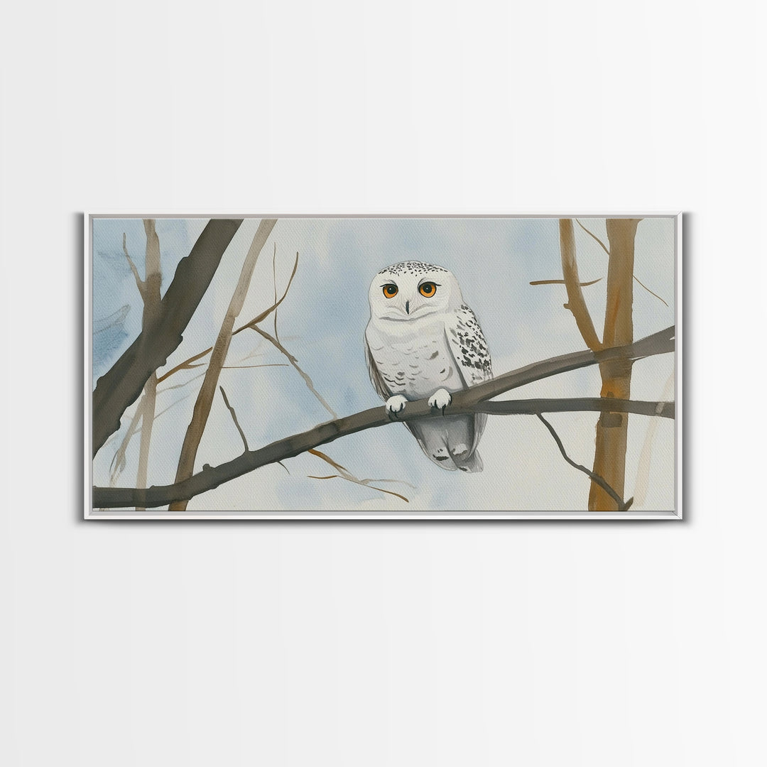 Snowy Owl On Winter Branch Canvas Print, Woodland Wildlife Wall Art, Neutral Nursery Animal Art, Scandinavian Office Decor
