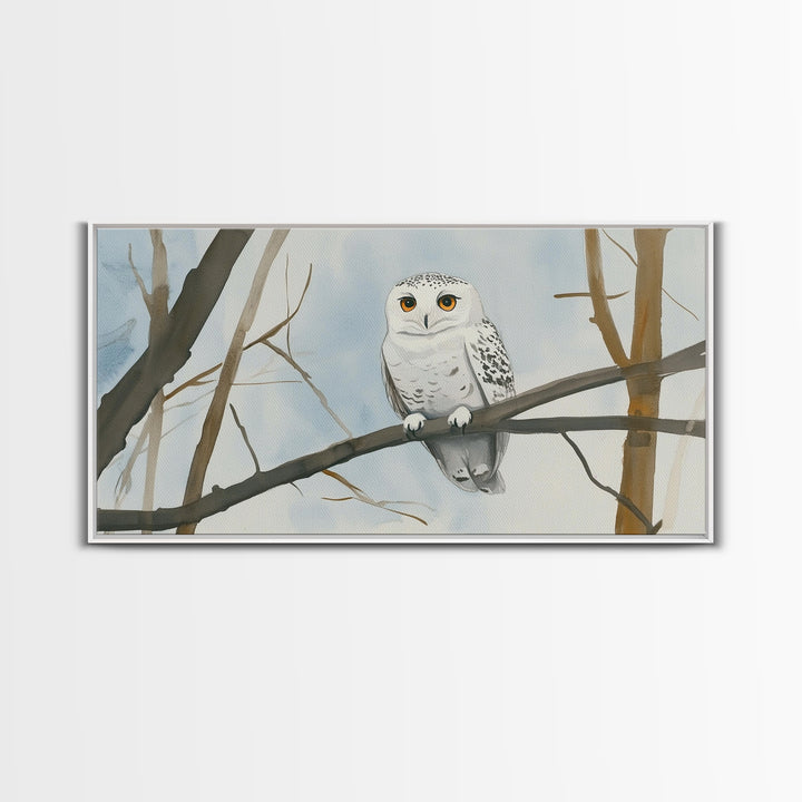 Snowy Owl On Winter Branch Canvas Print, Woodland Wildlife Wall Art, Neutral Nursery Animal Art, Scandinavian Office Decor