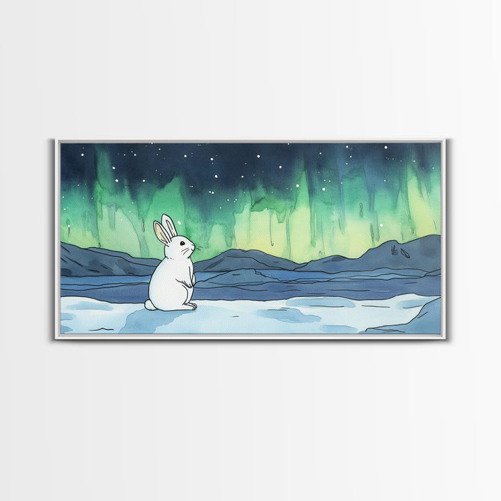 White Rabbit Watching Aurora Canvas Print, Northern Lights Wall Art, Whimsical Animal Art, Nursery Decor Gift For Kids Room