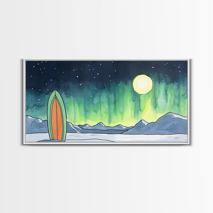Surfboard Under Northern Lights Framed Canvas Print, Aurora Mountain Wall Art, Coastal Adventure Decor For Bedroom Or Beach House Decor