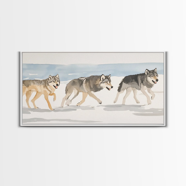 Three Running Wolves In Snow, Framed Canvas Print, Wildlife Wall Art, Rustic Cabin Decor, Winter Landscape, Gift For Him