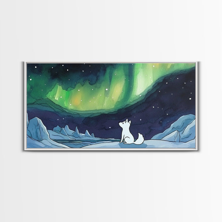 White Arctic Fox Under Northern Lights, Wall Art, Celestial Winter Landscape, Whimsical Nursery Decor, Aurora Canvas Print