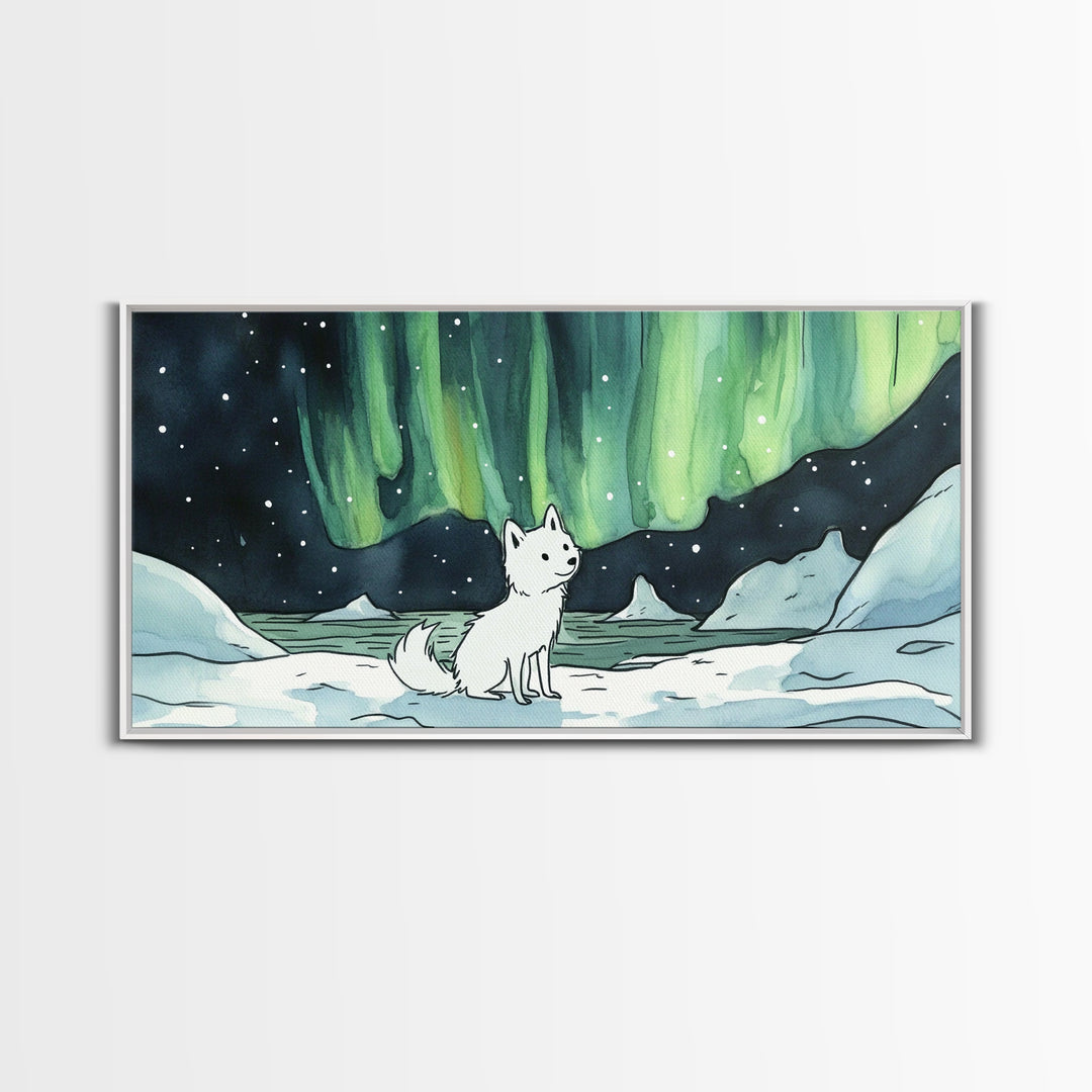 Sitting White Fox With Aurora Sky, Framed Canvas Print, Celestial Wall Art, Winter Nursery Decor, Whimsical Gift For Her