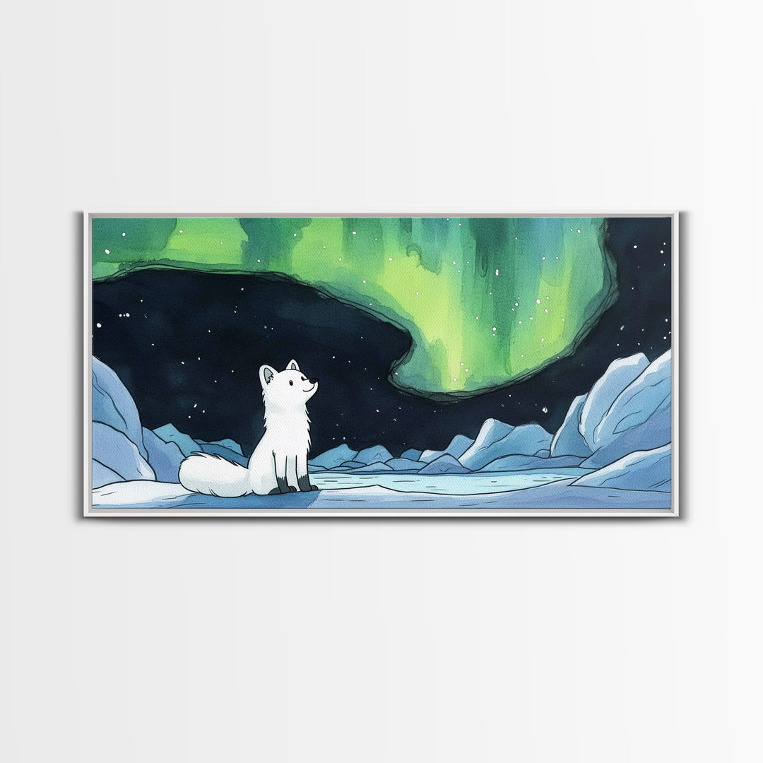 Arctic Fox Watching Green Aurora, Canvas Print, Celestial Wall Art, Icy Winter Landscape, Calming Bedroom Decor Gift For Her