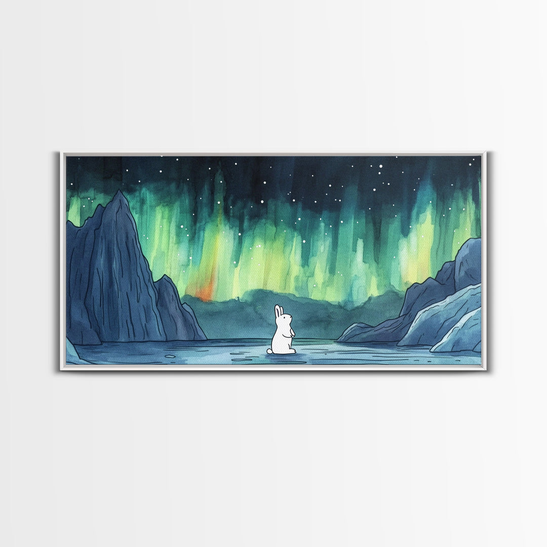 White Arctic Hare Under Aurora, Panoramic Wall Art, Celestial Winter Landscape, Whimsical Nursery Decor, Nature Canvas Print