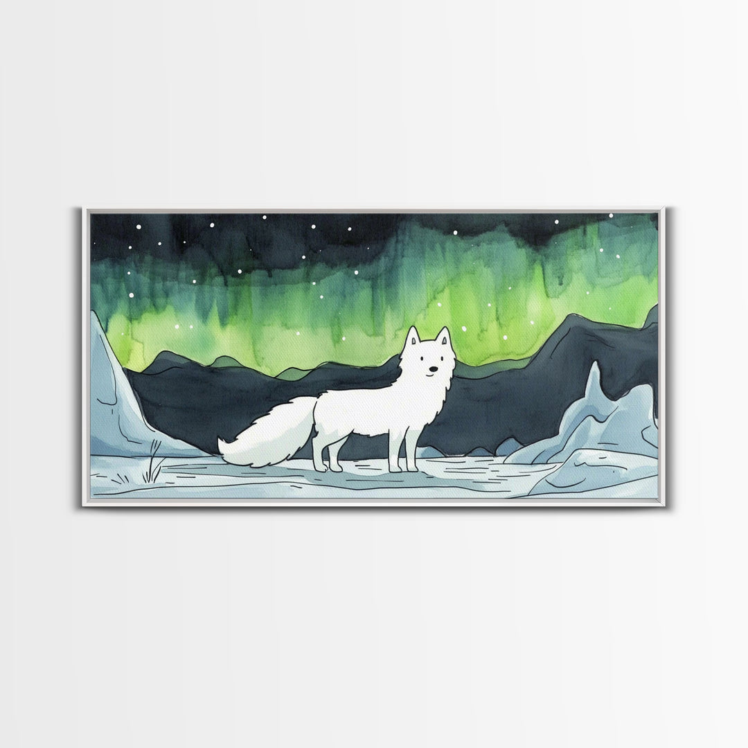Standing White Arctic Fox With Northern Lights, Wall Art, Celestial Winter Landscape, Wildlife Canvas Print, Cozy Home Decor