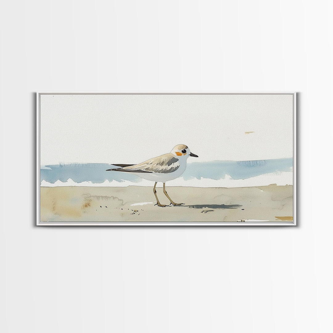 Tiny Snowy Plover Beside Gentle Surf Canvas Print, Watercolor Bird Art, Coastal Wall Art, Beach House Decor, Nature Print