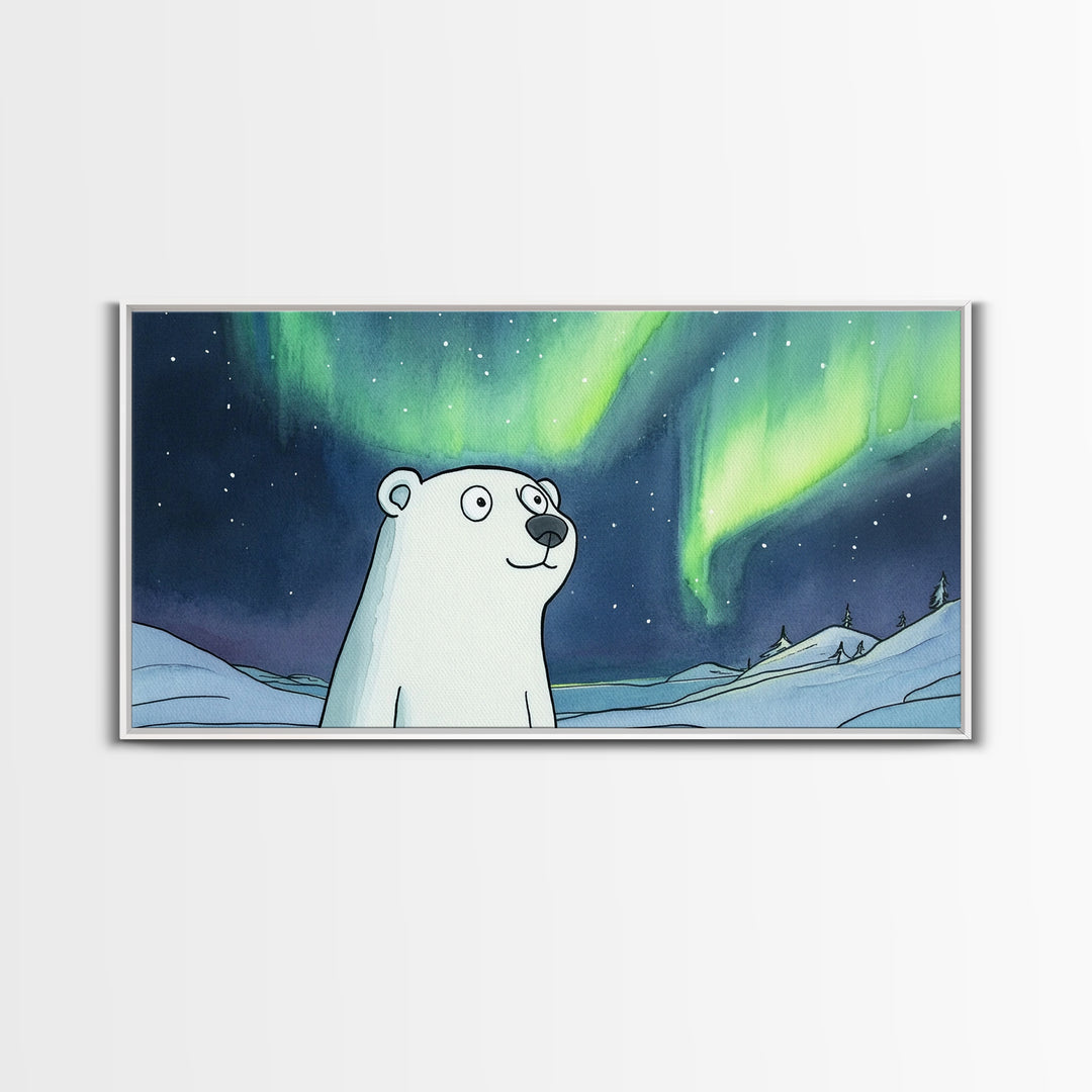 Whimsical Polar Bear Under Northern Lights Wall Art, Arctic Nursery Decor, Aurora Animal Print, Kids Room Canvas Gift, Home Decor