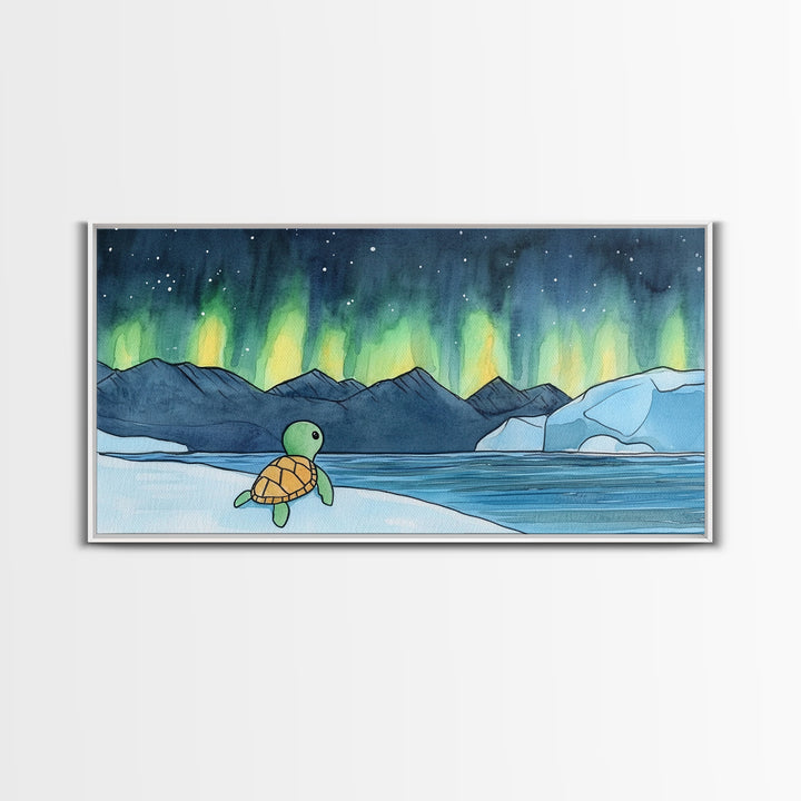 Baby Sea Turtle Watching Aurora Wall Art, Northern Lights Landscape, Arctic Ocean Nursery Decor, Whimsical Kids Room Print