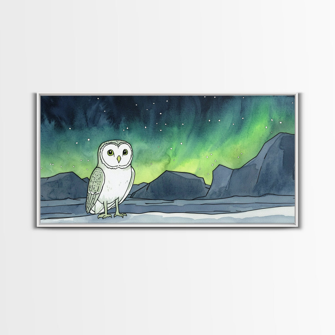 Snowy Owl Under Aurora Borealis Wall Art, Arctic Landscape Canvas Print, Wildlife Nursery Decor, Northern Lights Gift For Bird Lover