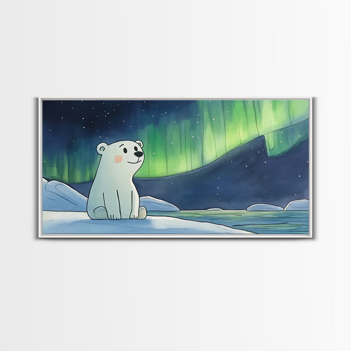 Smiling Polar Bear Under Northern Lights Canvas Print, Whimsical Arctic Nursery Decor, Kids Room Wall Art, Baby Shower Gift