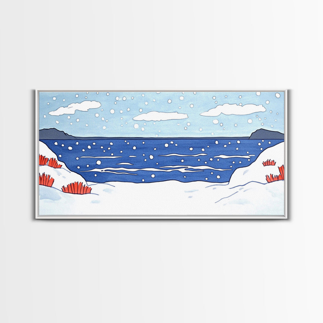 Snowy Winter Ocean With Red Grass Wall Art, Minimal Coastal Landscape Print, Scandinavian Nursery Decor, Beach House Wall Decor