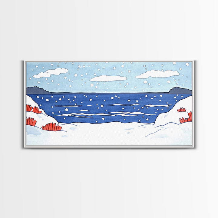 Snowy Winter Ocean With Red Grass Wall Art, Minimal Coastal Landscape Print, Scandinavian Nursery Decor, Beach House Wall Decor