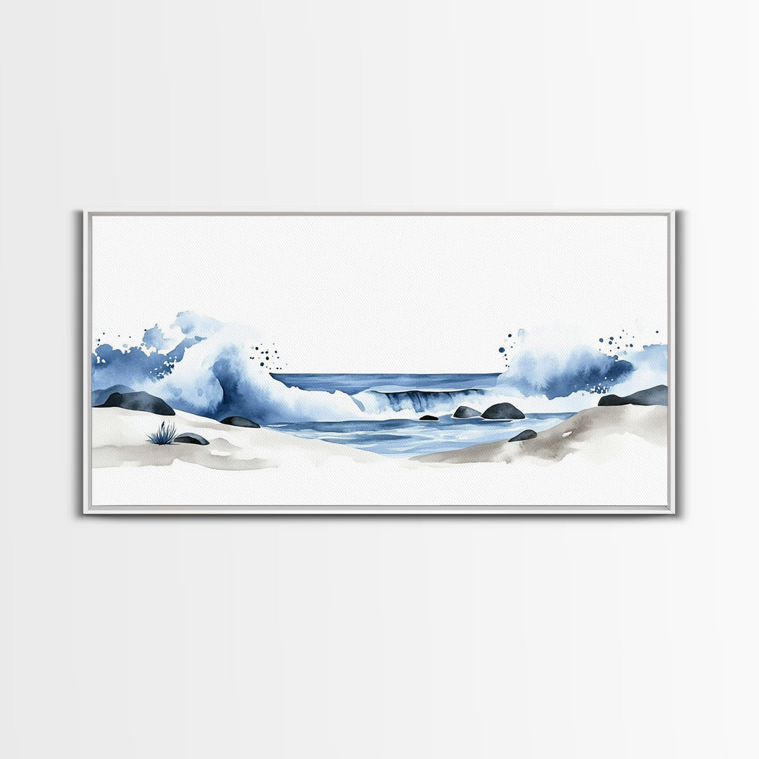 Crashing Blue Waves On Sandy Shore Canvas Print, Minimalist Ocean Wall Art, Coastal Bathroom Decor, Beach House Art Print