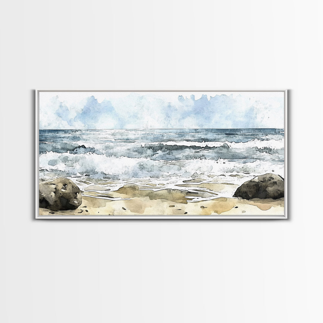 Rocky Surf And Foamy Tide Wall Art, Watercolor Ocean Painting Print, Nautical Coastal Decor, Beach House Living Room Art
