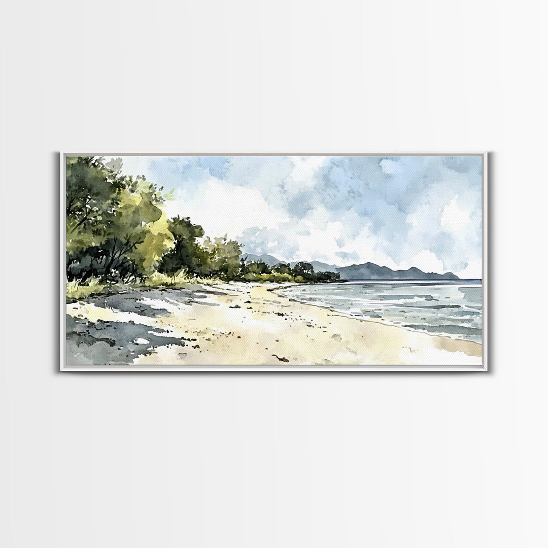 Sunny Tropical Beach With Trees Canvas Print, Coastal Landscape Wall Art, Watercolor Ocean Decor, Beach House Living Room Print