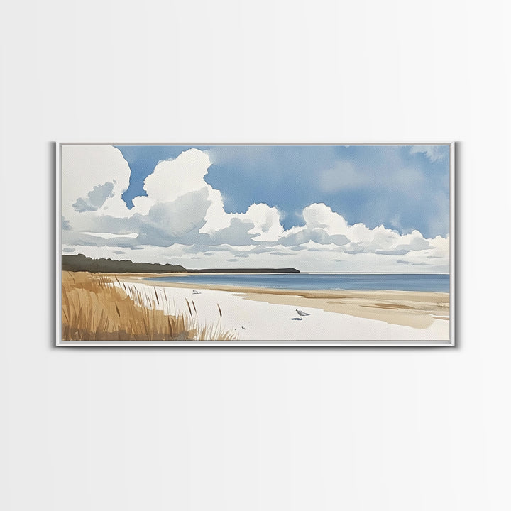 Open Sandy Beach With Big Clouds Wall Art, Soft Watercolor Seascape Print, Neutral Coastal Decor, Above Sofa Living Room Art