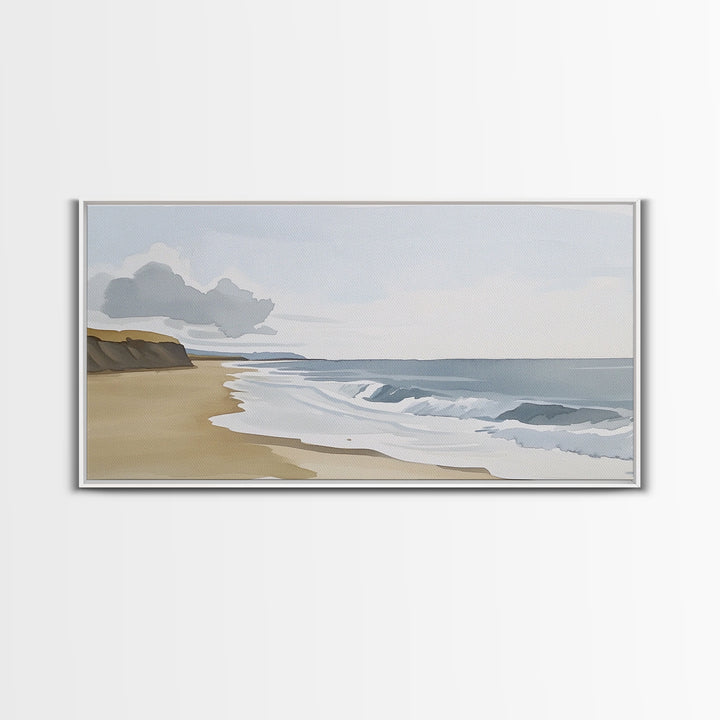 Quiet Shoreline With Rolling Waves Canvas Print, Minimalist Coastal Wall Art, Serene Beach Decor, Neutral Living Room Wall Art