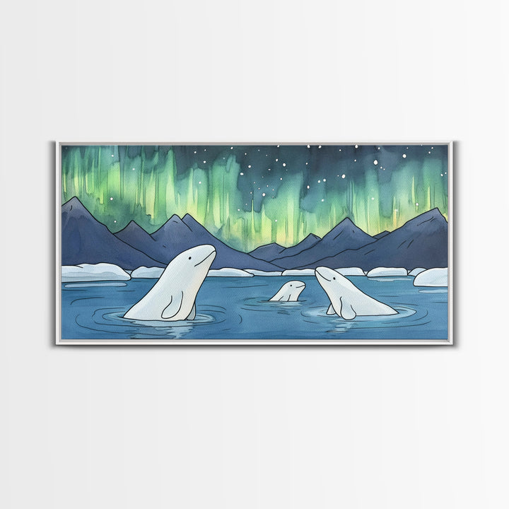 Beluga Whales Under Aurora Framed Canvas Print, Arctic Ocean Wildlife Wall Art, Nursery Decor, Kids Room Animal Art Prints