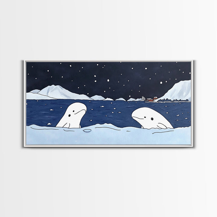 Two Beluga Whales In Icy Bay Wall Art, Arctic Ocean Watercolor Painting, Coastal Nursery Decor, Winter Wildlife Print Gift