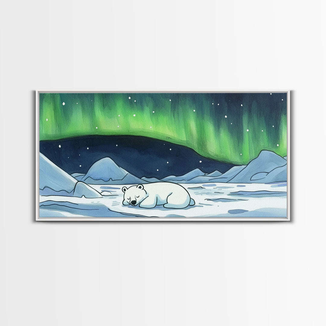 Polar Bear Under Green Aurora Wall Art, Arctic Animal Nursery Decor, Winter Landscape Art Print, Kids Room Decor Baby Gift