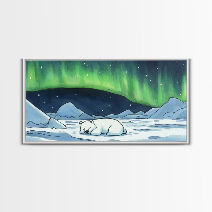 Polar Bear Under Green Aurora Wall Art, Arctic Animal Nursery Decor, Winter Landscape Art Print, Kids Room Decor Baby Gift